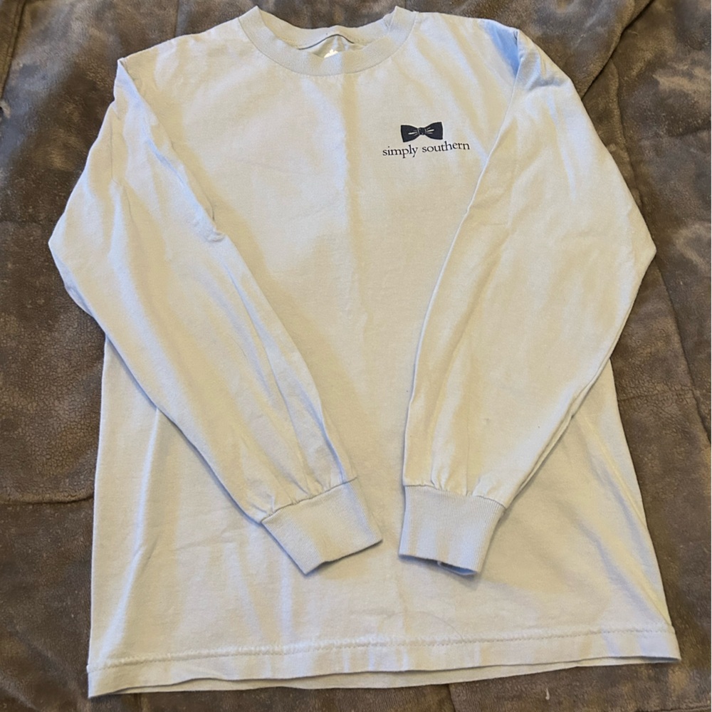 Simply Southern Light blue/White Long Sleeve Tee with Navy Logo.
